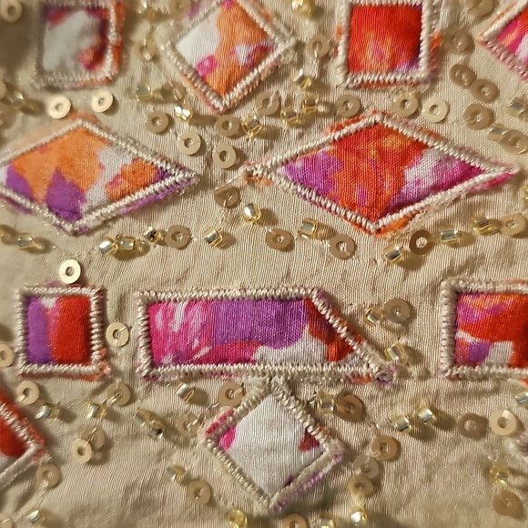 Chico Embroidered, Sequined Beige Tunic with Tie Neck, Size 8-10 - Picture 2 of 13